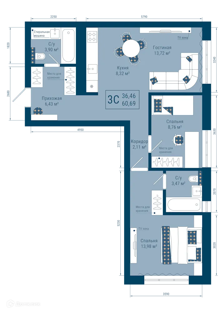 Планировка 3-комнатной квартиры 60.69 м² в ЖК THE SKY (СКАЙ), г. Уфа — фото 1