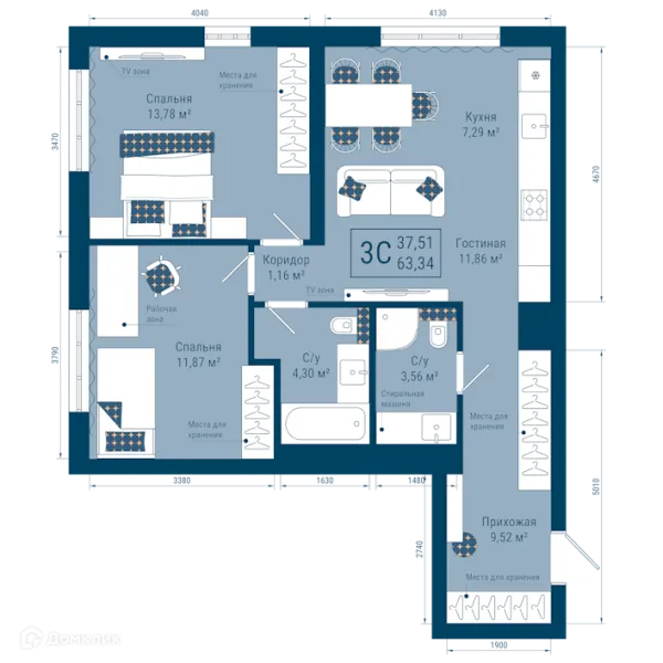 Планировка 3 комн. в ЖК THE SKY (СКАЙ)