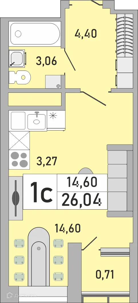 Планировка 1-комнатной квартиры 26.04 м² в ЖК Платинум, г. Уфа — фото 1