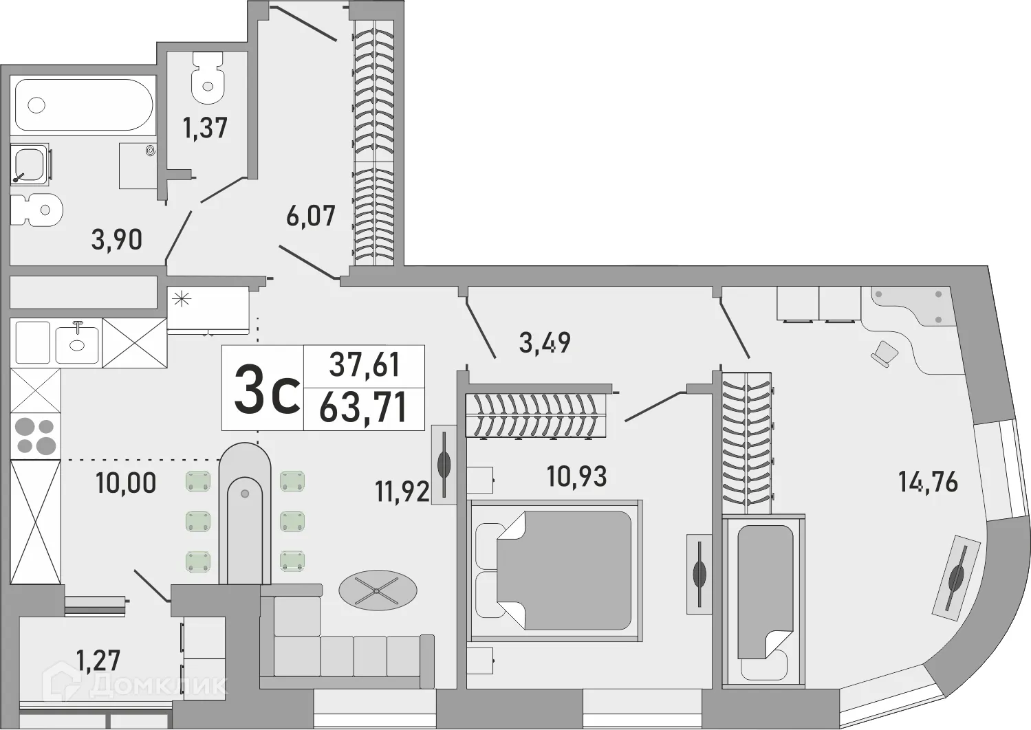 Планировка 3-комнатной квартиры 63.71 м² в ЖК Платинум, г. Уфа — фото 1