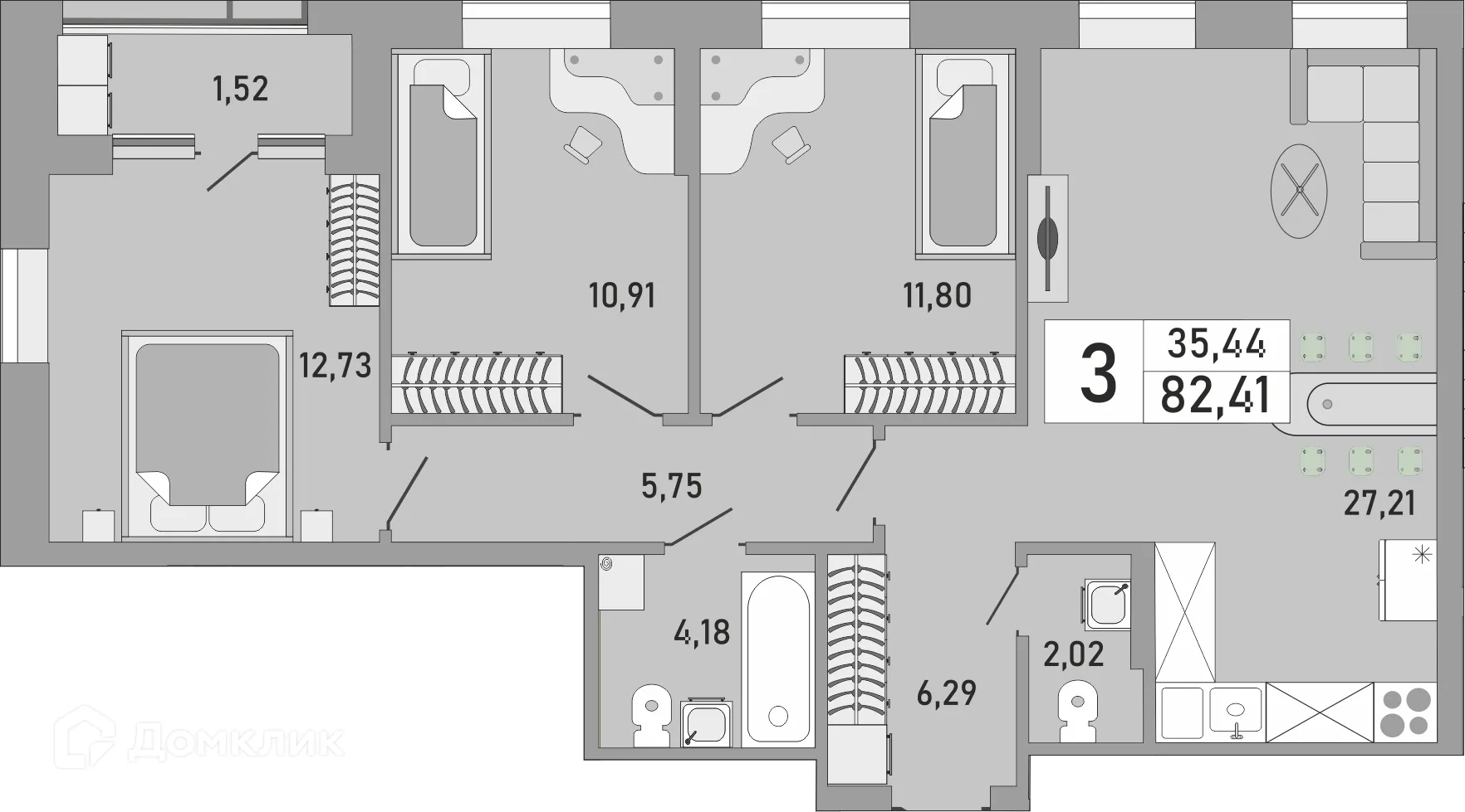 Планировка 3-комнатной квартиры 82.41 м² в ЖК Платинум, г. Уфа — фото 1