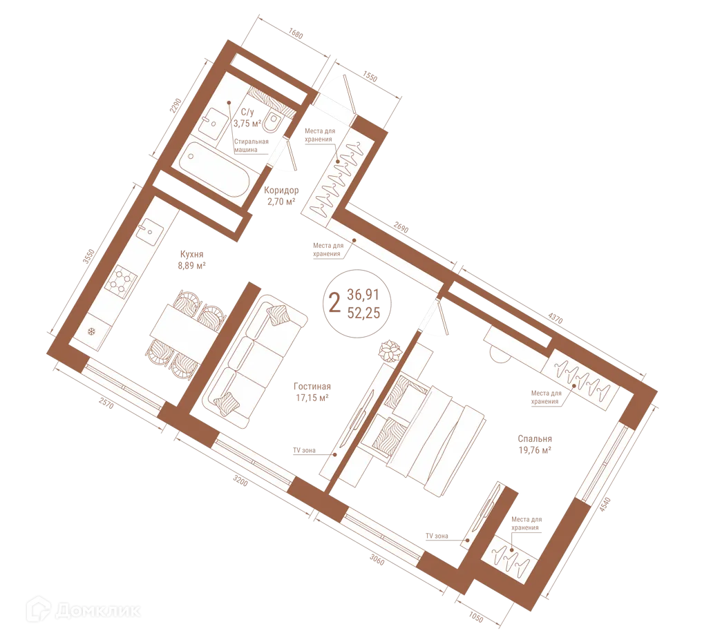 Планировка 2-комнатной квартиры 52.25 м² в ЖК "Divo Residence (Диво Резиденс)", г. Уфа — фото 1