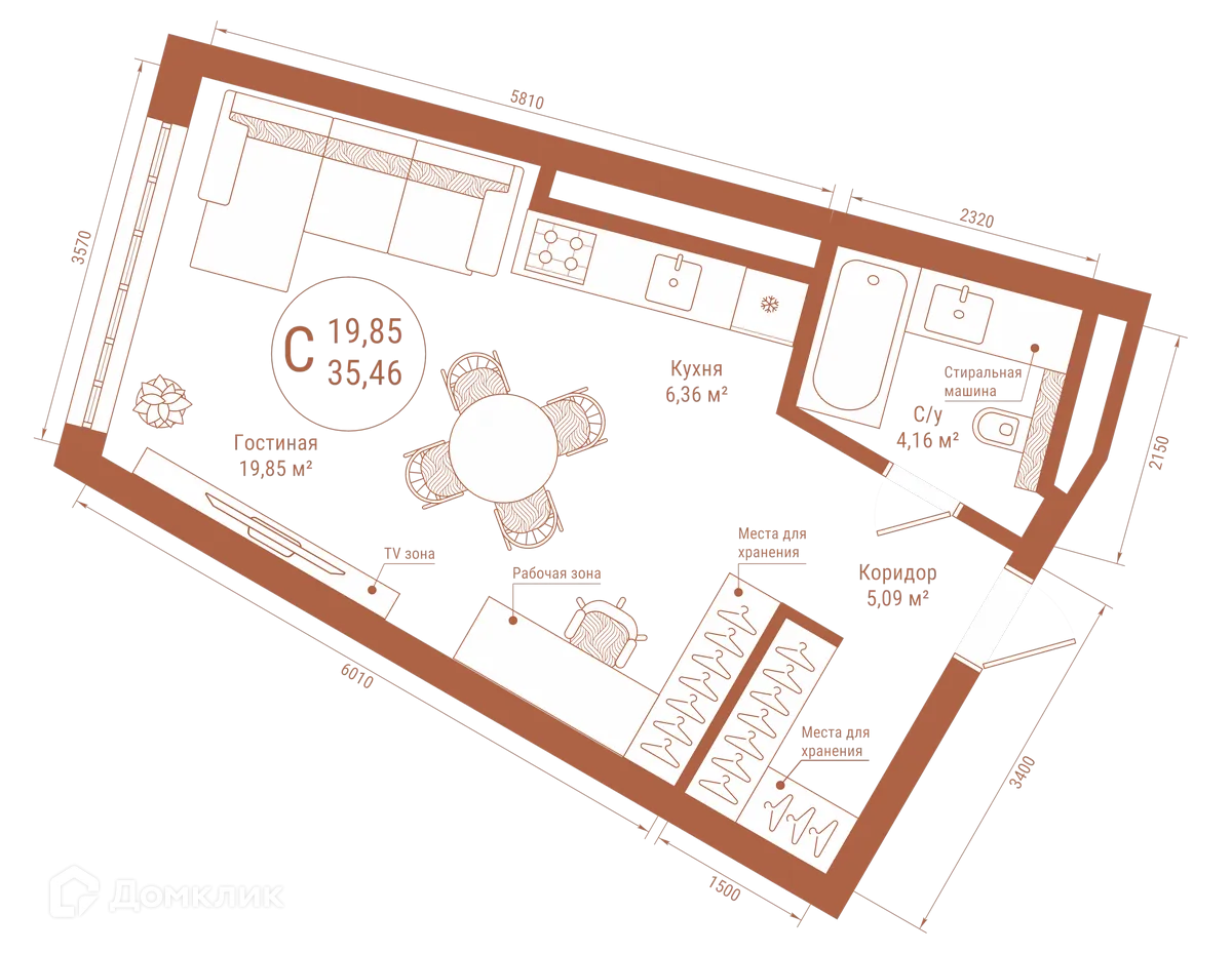 Планировка студии квартиры 35.46 м² в ЖК "Divo Residence (Диво Резиденс)", г. Уфа — фото 1
