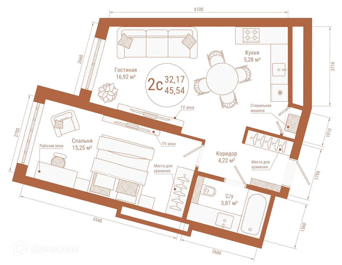 Планировка 2-комнатной квартиры 45.54 м² в ЖК "Divo Residence (Диво Резиденс)", г. Уфа — фото 1