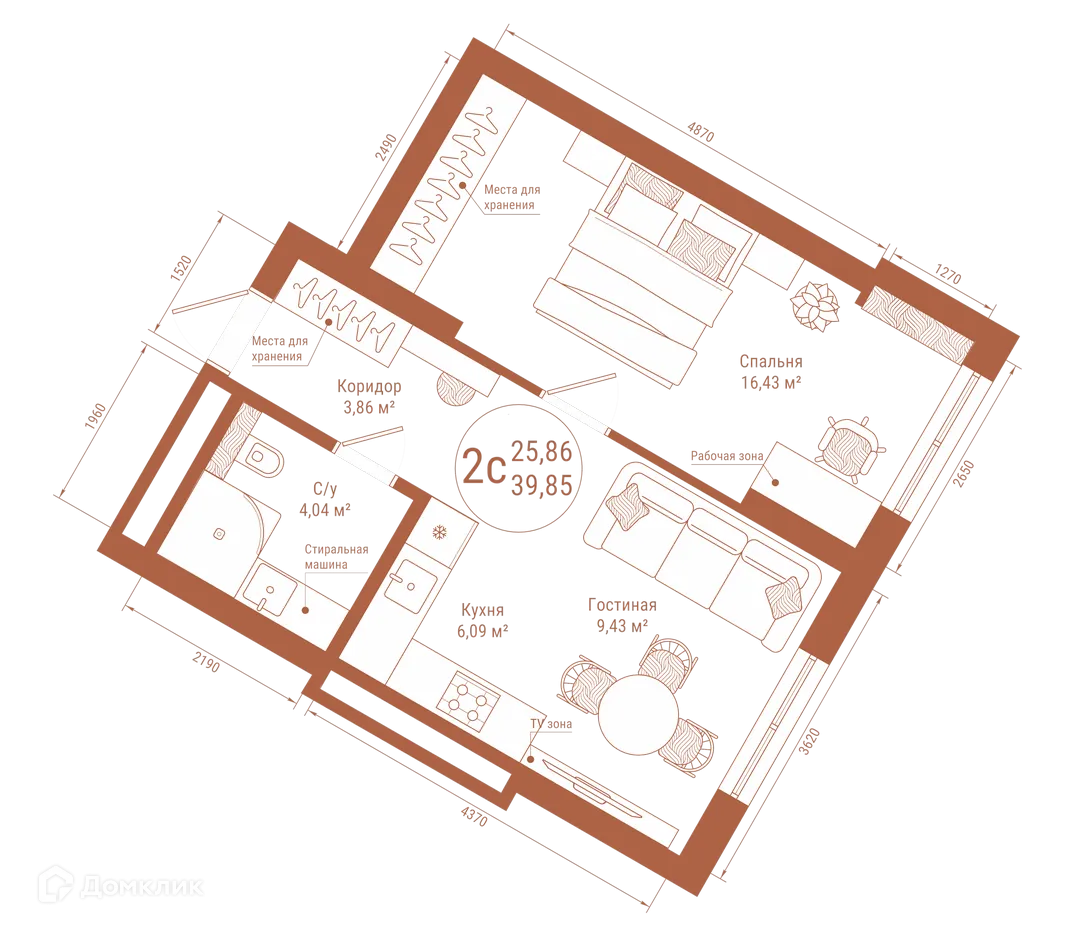 Планировка 2-комнатной квартиры 39.85 м² в ЖК "Divo Residence (Диво Резиденс)", г. Уфа — фото 1