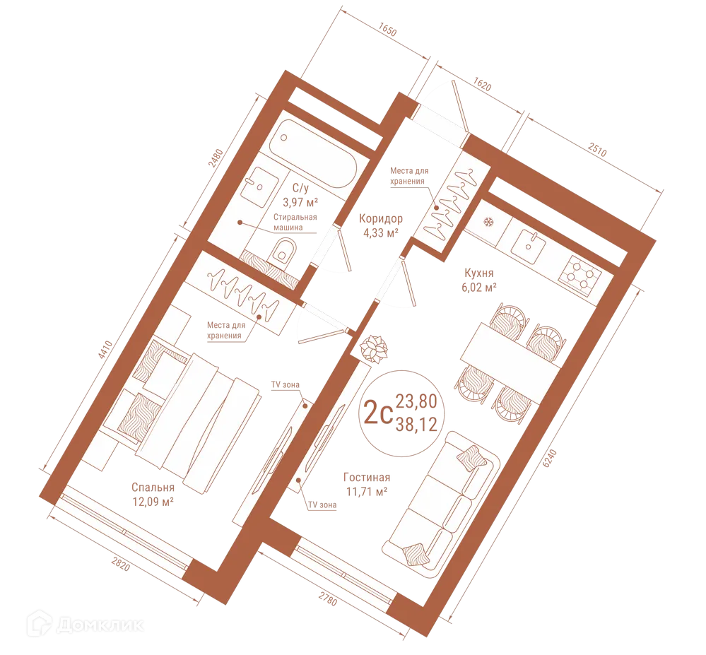 Планировка 2-комнатной квартиры 38.12 м² в ЖК "Divo Residence (Диво Резиденс)", г. Уфа — фото 1