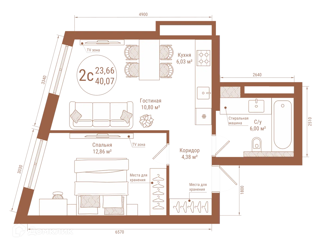 Планировка 2-комнатной квартиры 40.07 м² в ЖК "Divo Residence (Диво Резиденс)", г. Уфа — фото 1