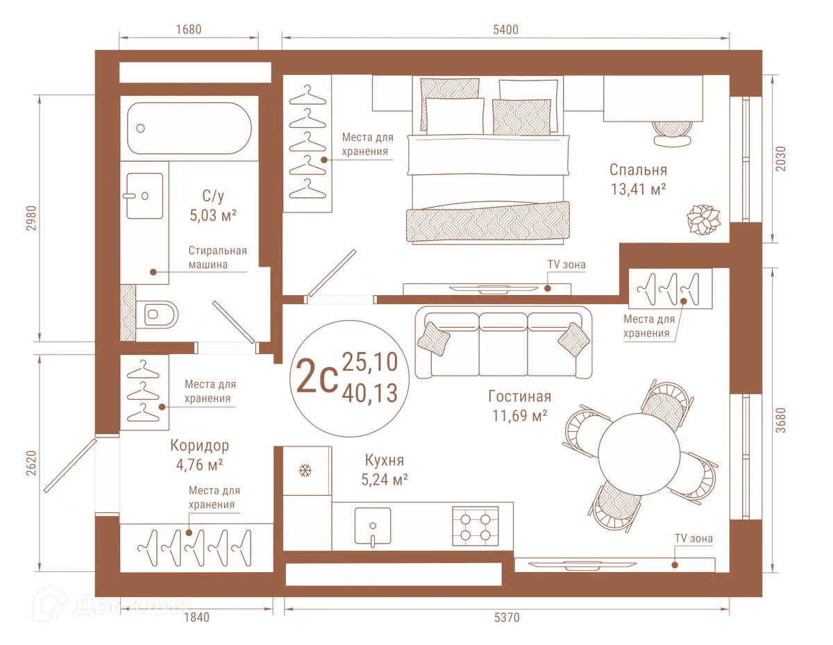 Планировка 2-комнатной квартиры 40.13 м² в ЖК "Divo Residence (Диво Резиденс)", г. Уфа — фото 1