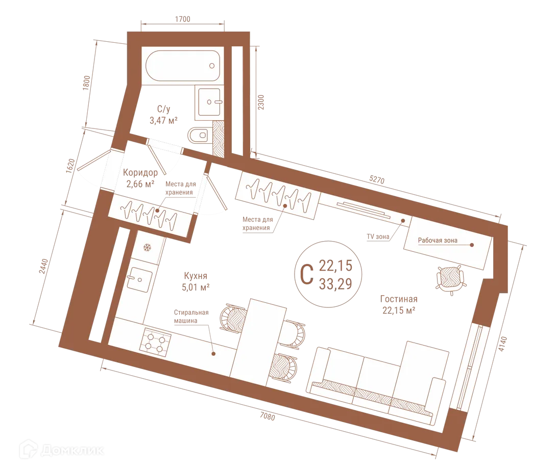 Планировка студии квартиры 33.29 м² в ЖК "Divo Residence (Диво Резиденс)", г. Уфа — фото 1