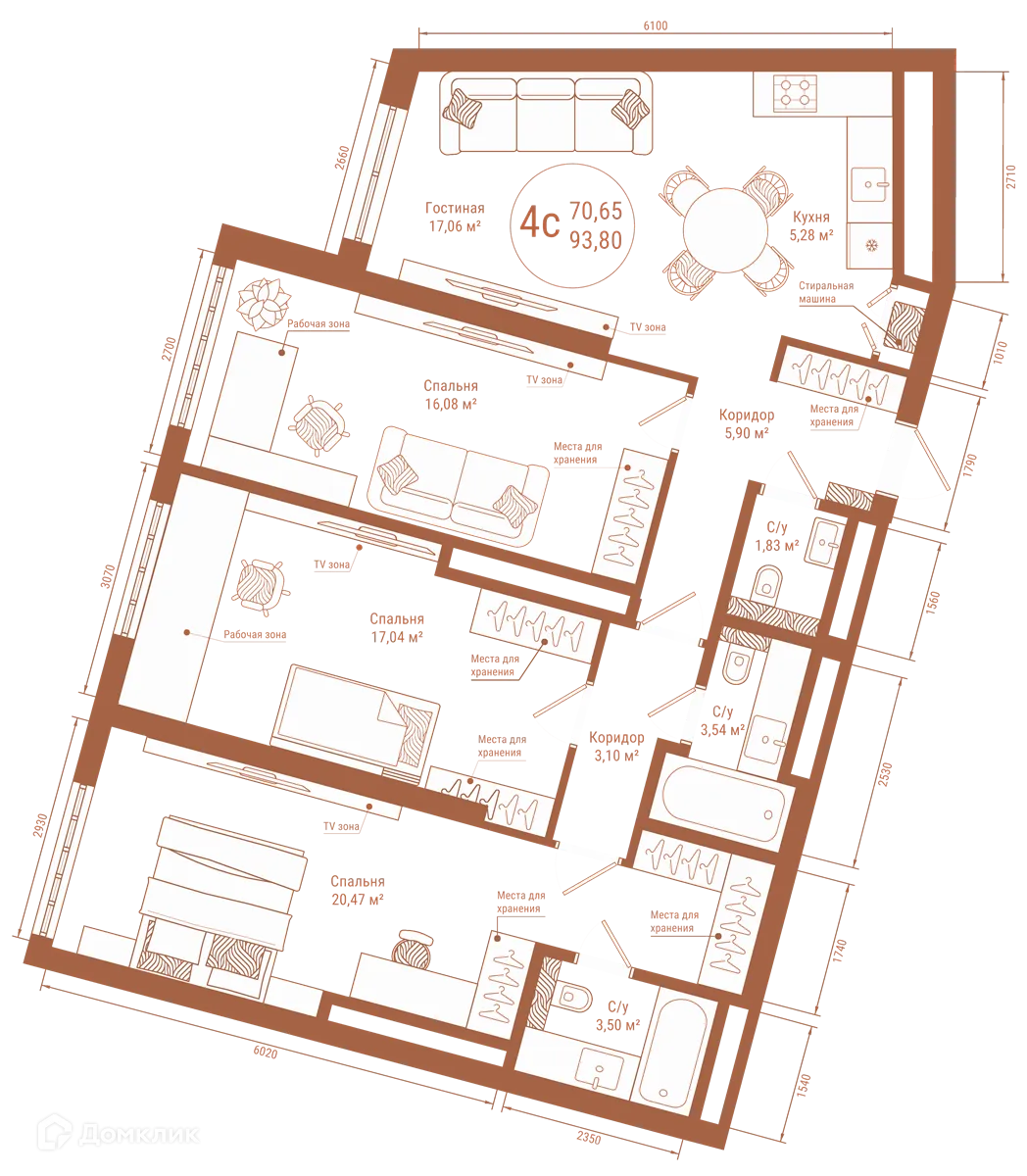 Планировка 4-комнатной квартиры 93.8 м² в ЖК "Divo Residence (Диво Резиденс)", г. Уфа — фото 1