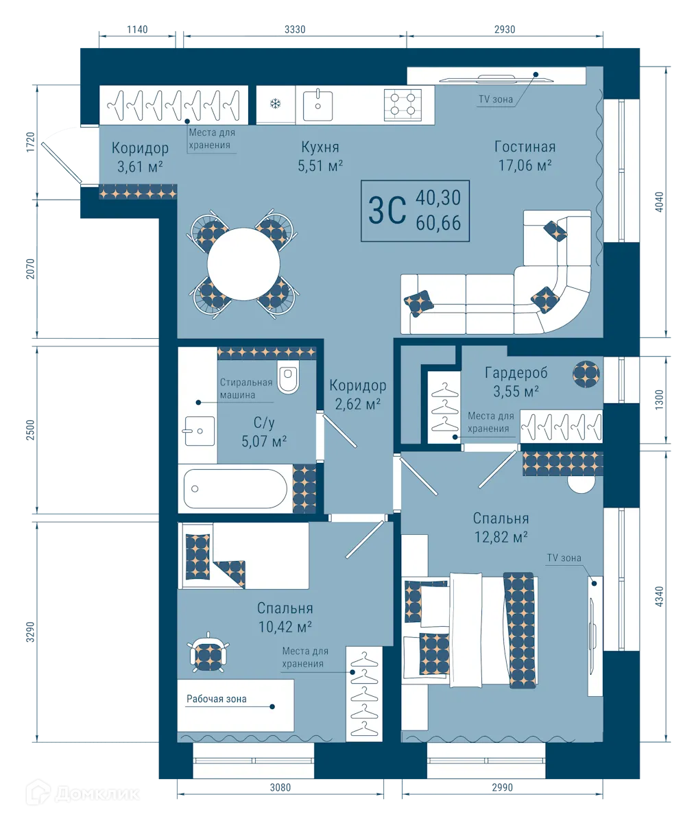 Планировка 3-комнатной квартиры 60.66 м² в ЖК THE SKY (СКАЙ), г. Уфа — фото 1