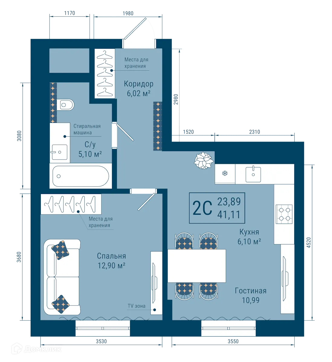 Планировка 2-комнатной квартиры 41.11 м² в ЖК THE SKY (СКАЙ), г. Уфа — фото 1