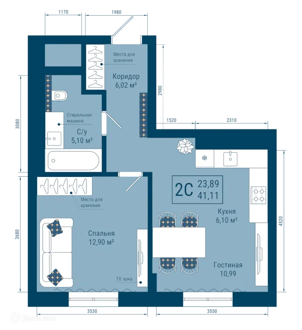 Планировка 2 комн. в ЖК THE SKY (СКАЙ)