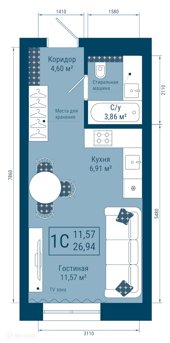 Планировка 1-комнатной квартиры 26.94 м² в ЖК THE SKY (СКАЙ), г. Уфа — фото 1
