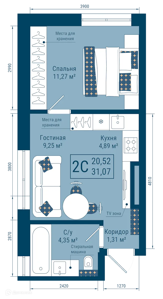 Планировка 2-комнатной квартиры 31.07 м² в ЖК THE SKY (СКАЙ), г. Уфа — фото 1