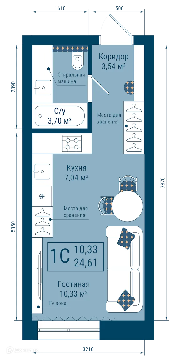 Планировка 1-комнатной квартиры 24.61 м² в ЖК THE SKY (СКАЙ), г. Уфа — фото 1
