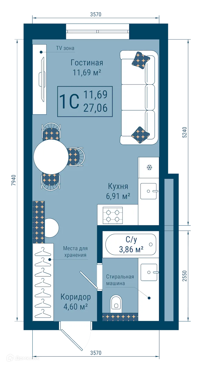 Планировка 1-комнатной квартиры 27.06 м² в ЖК THE SKY (СКАЙ), г. Уфа — фото 1