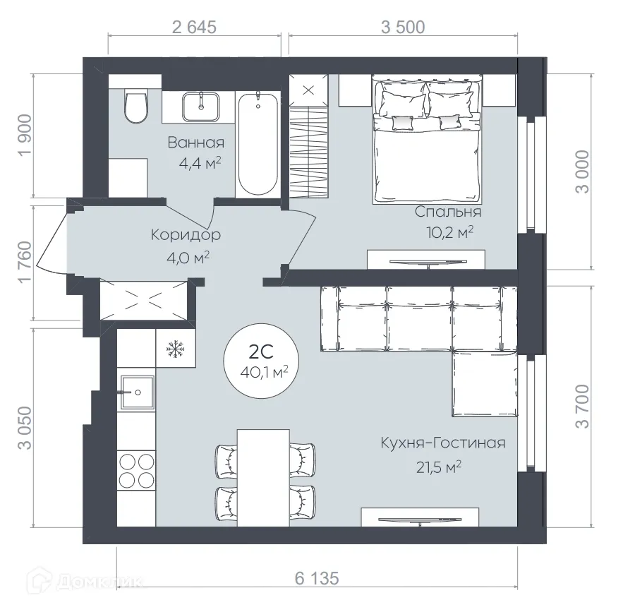 Планировка 2-комнатной квартиры 40.1 м² в ЖК "Le CRISTAL" (Ле Кристал), г. Уфа — фото 1