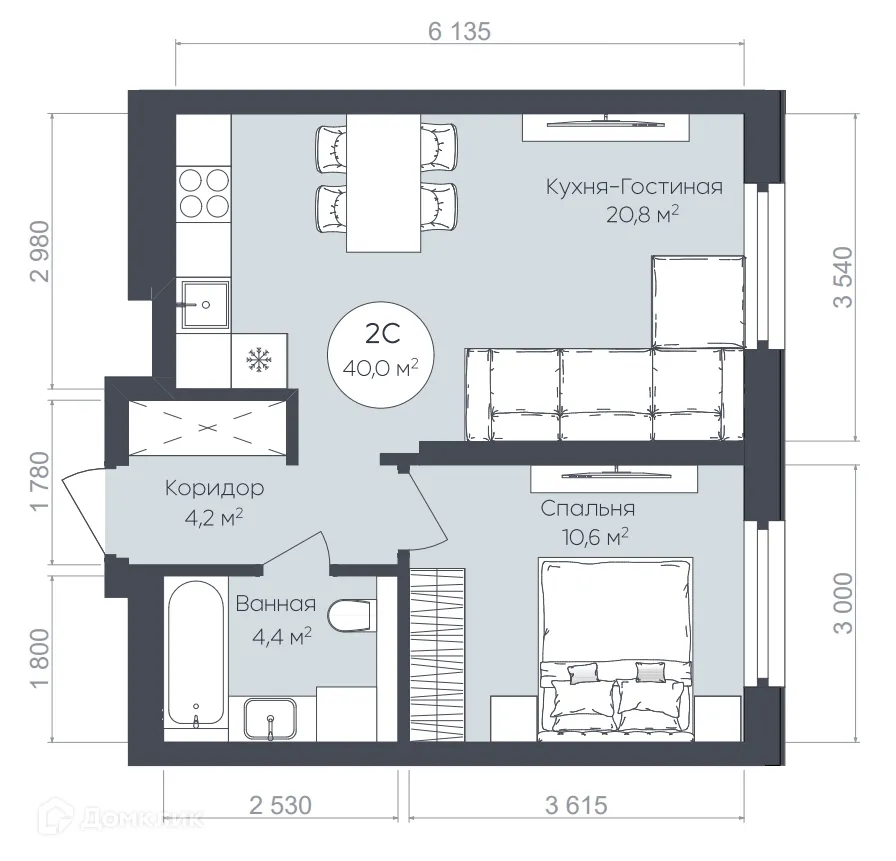 Планировка 2-комнатной квартиры 40 м² в ЖК "Le CRISTAL" (Ле Кристал), г. Уфа — фото 1