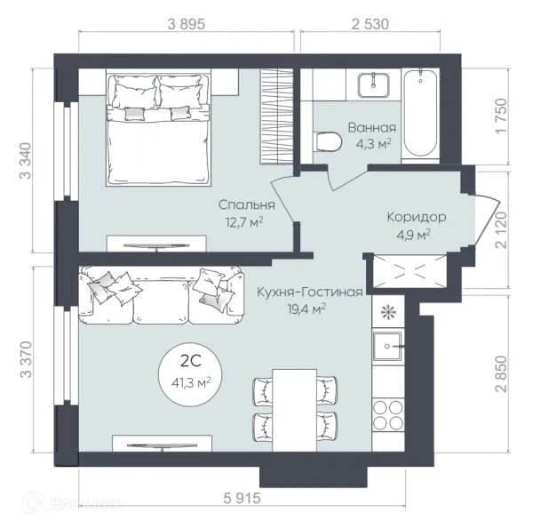 Планировка 2 комн. в ЖК "Le CRISTAL" (Ле Кристал)