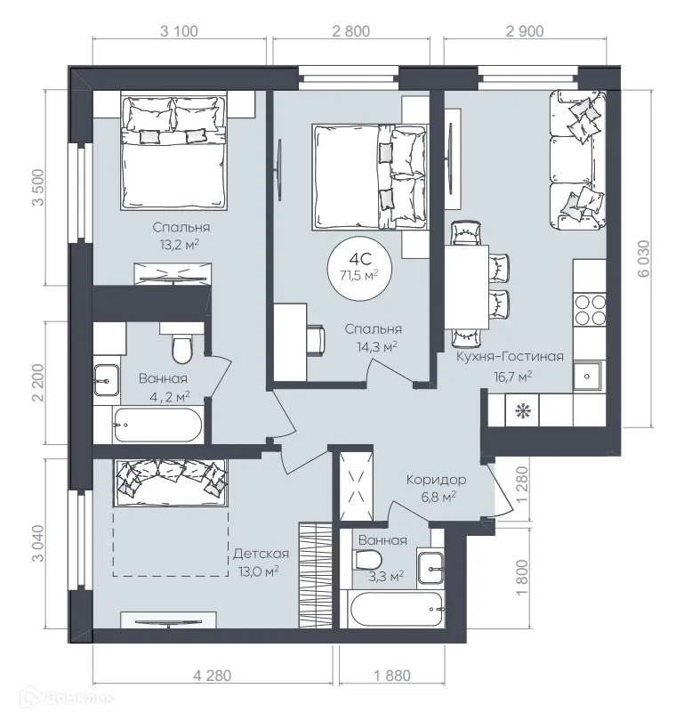 Планировка 4-комнатной квартиры 71.5 м² в ЖК "Le CRISTAL" (Ле Кристал), г. Уфа — фото 1