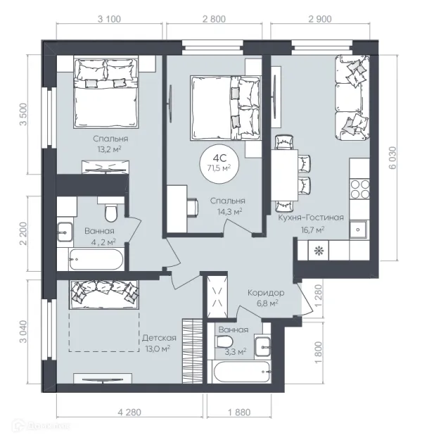 Планировка 4 комн. в ЖК "Le CRISTAL" (Ле Кристал)