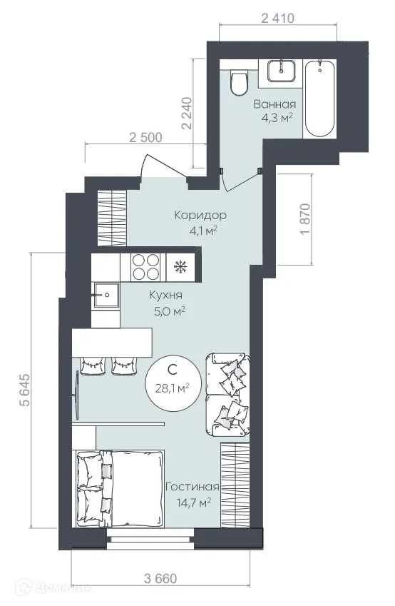 Планировка студии квартиры 28.1 м² в ЖК "Le CRISTAL" (Ле Кристал), г. Уфа — фото 1