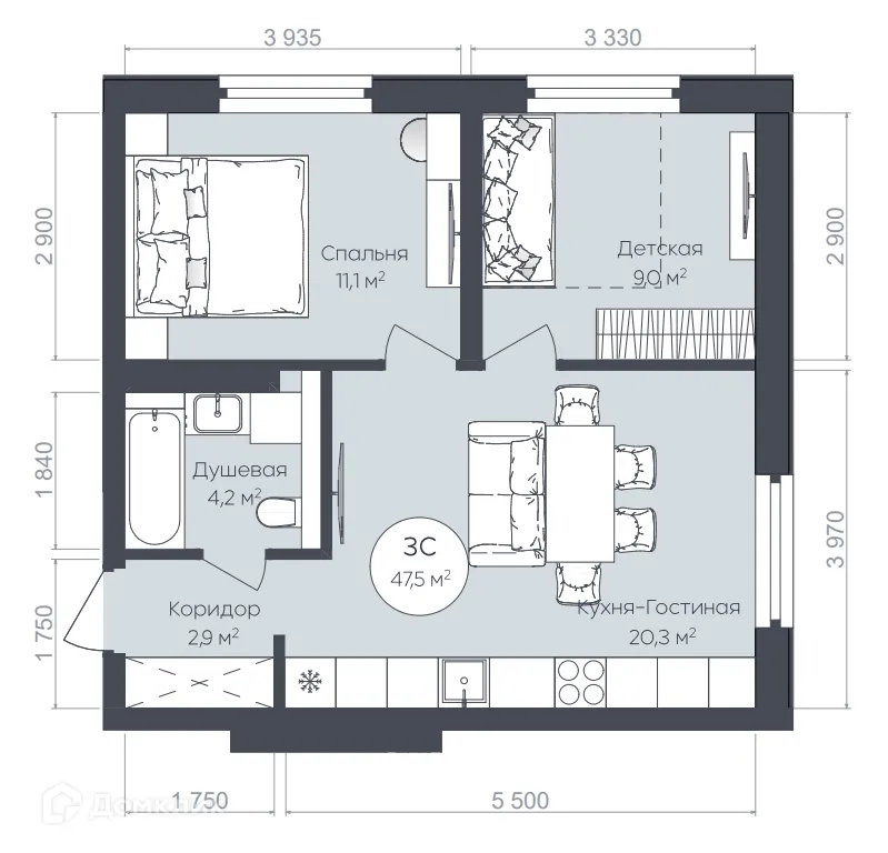 Планировка 3-комнатной квартиры 47.5 м² в ЖК "Le CRISTAL" (Ле Кристал), г. Уфа — фото 1