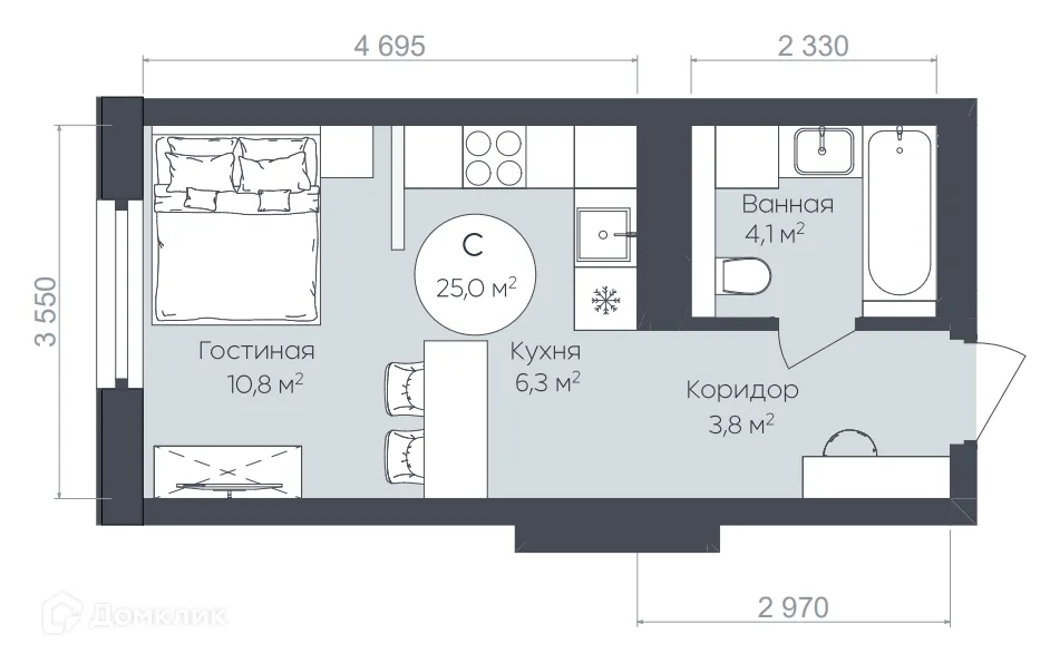Планировка студии квартиры 25 м² в ЖК "Le CRISTAL" (Ле Кристал), г. Уфа — фото 1