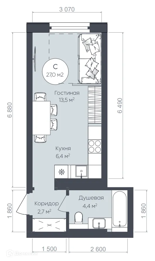 Планировка студии квартиры 27 м² в ЖК "Le CRISTAL" (Ле Кристал), г. Уфа — фото 1