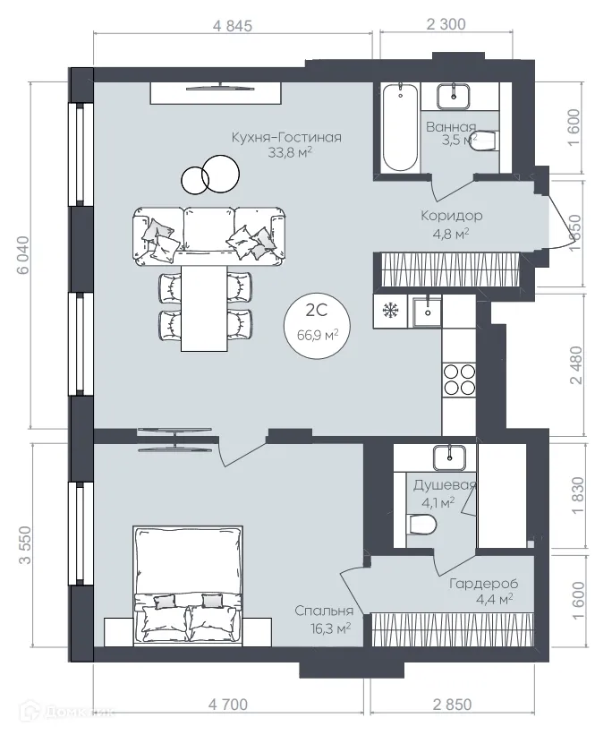 Планировка 2-комнатной квартиры 66.9 м² в ЖК "Le CRISTAL" (Ле Кристал), г. Уфа — фото 1
