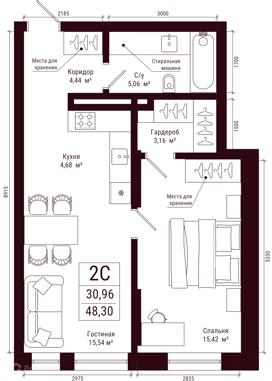 Планировка 2-комнатной квартиры 48.3 м² в ЖК Каретная 51, г. Уфа — фото 1
