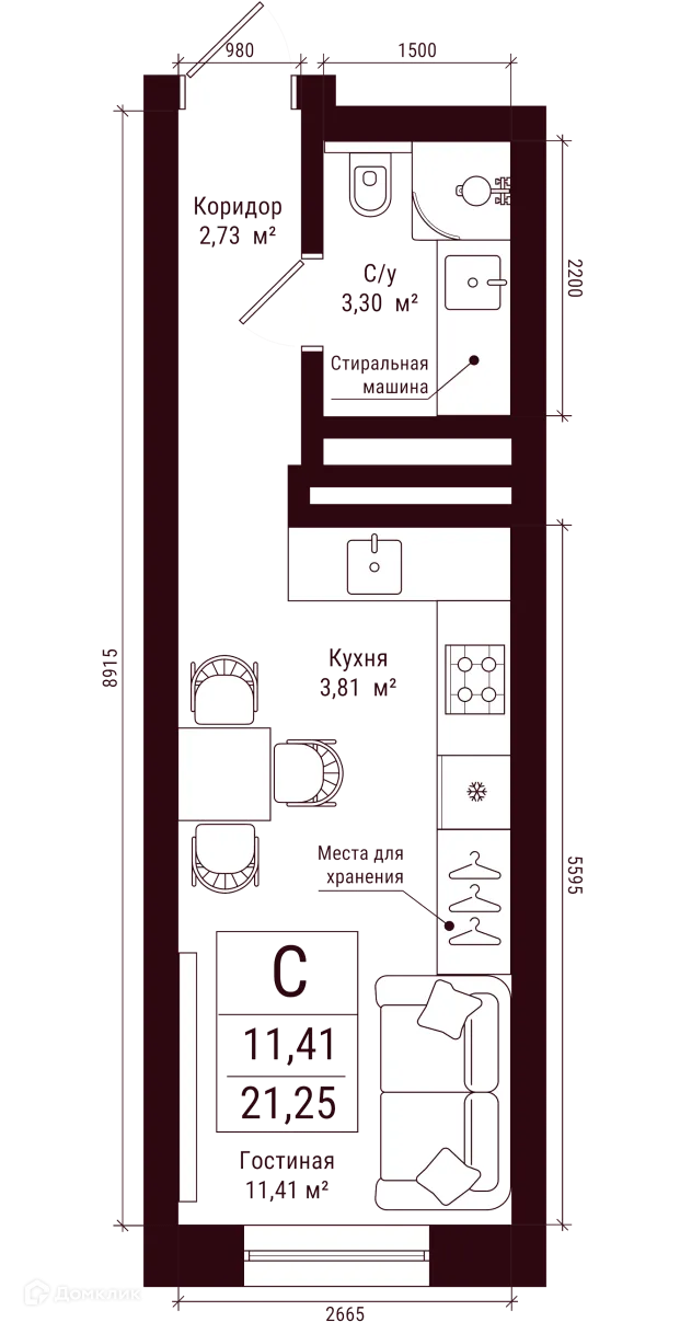 Планировка студии квартиры 21.25 м² в ЖК Каретная 51, г. Уфа — фото 1