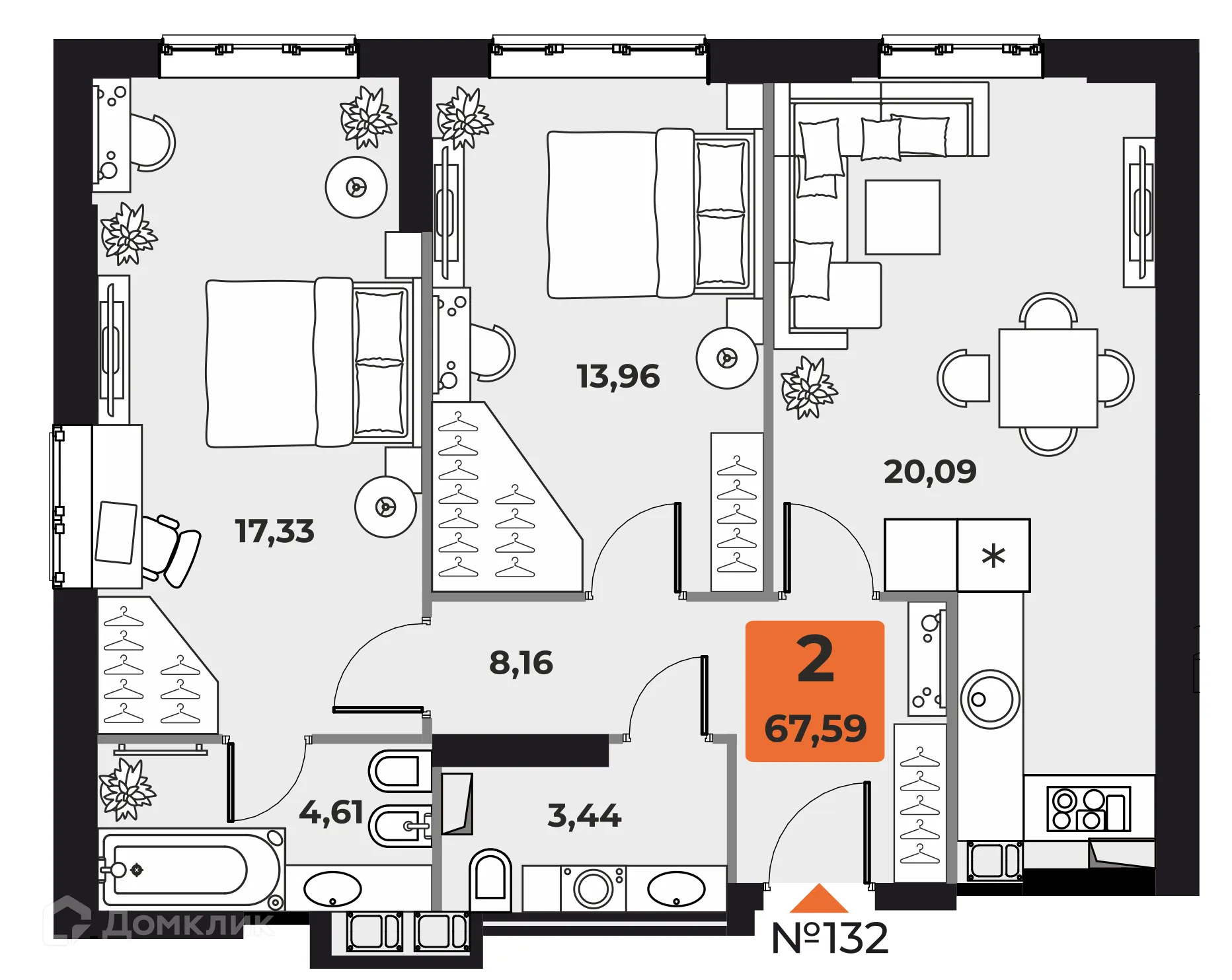 Планировка 2-комнатной квартиры 67.1 м² в ЖК "Капитал", г. Самара — фото 1