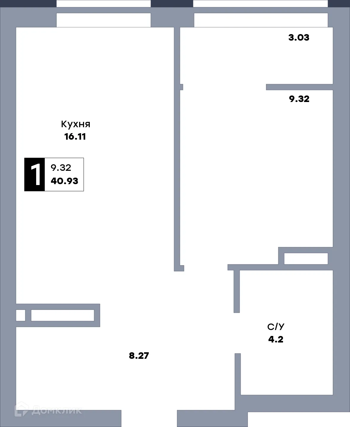 Планировка 1-комнатной квартиры 40.93 м² в ЖК Зеленый квартал, г. Самара — фото 1