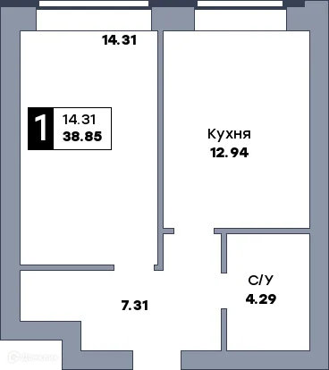 Планировка 1-комнатной квартиры 38.85 м² в ЖК Заречье, г. Самара — фото 1
