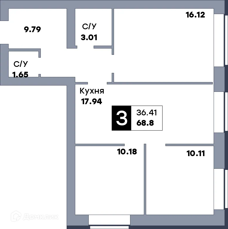 Планировка 3-комнатной квартиры 68.8 м² в ЖК Заречье, г. Самара — фото 1