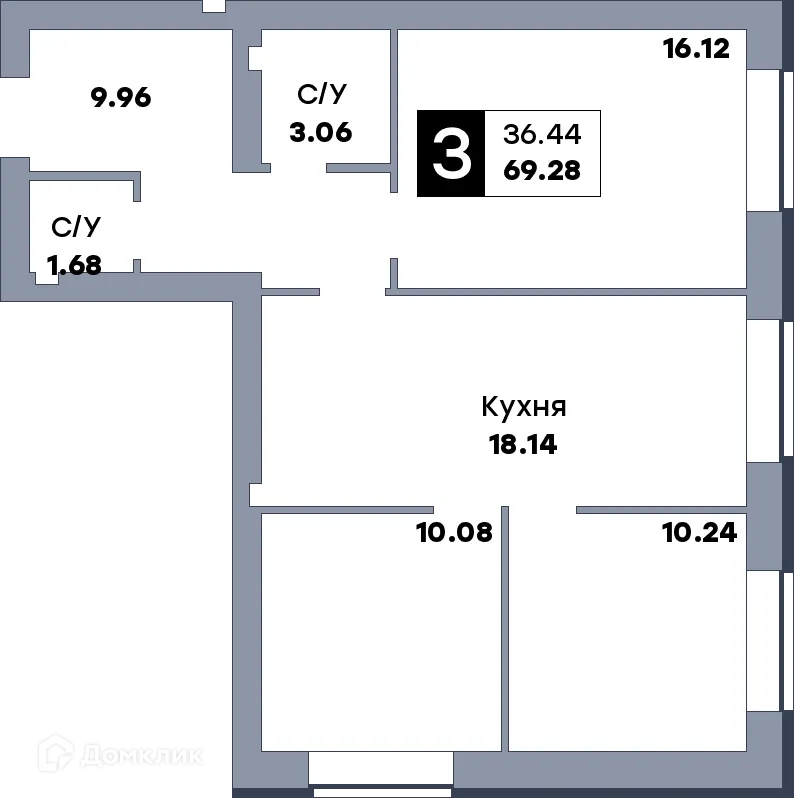 Планировка 3-комнатной квартиры 69.28 м² в ЖК Заречье, г. Самара — фото 1