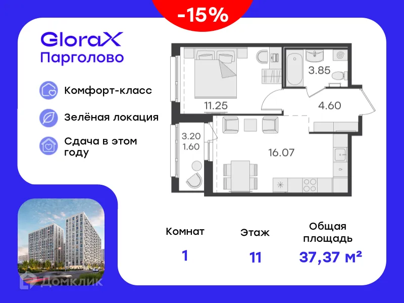 Фото квартиры в ЖК GloraX Парголово (Глоракс Парголово)
