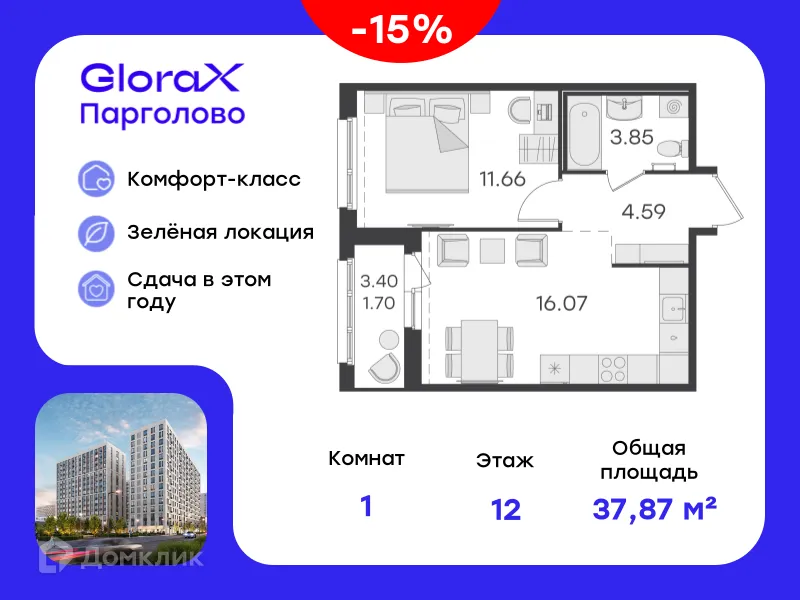 Фото квартиры в ЖК GloraX Парголово (Глоракс Парголово)