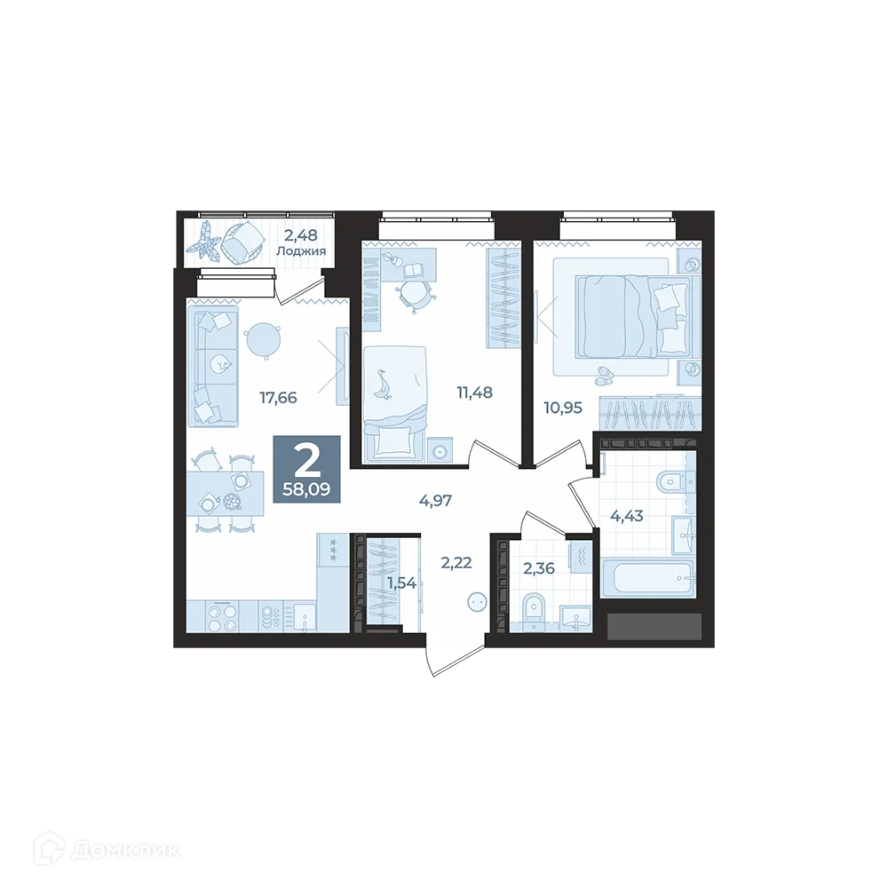 Планировка 2-комнатной квартиры 58.09 м² в ЖК СКМ Ривер, г. Екатеринбург — фото 2