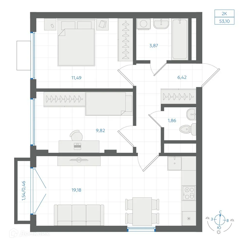 Планировка 2-комнатной квартиры 53.3 м² в ЖК Центральный Парк, г. Екатеринбург — фото 1