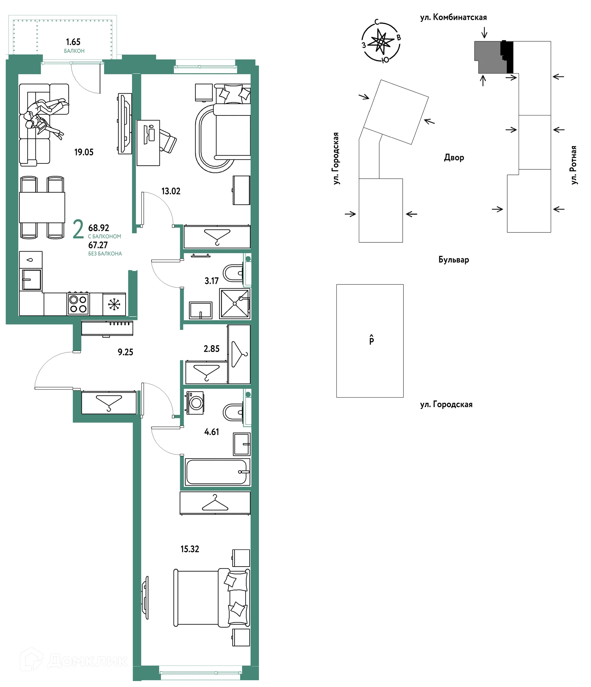 Планировка 2-комнатной квартиры 68.92 м² в ЖК Уральский сад, г. Екатеринбург — фото 1
