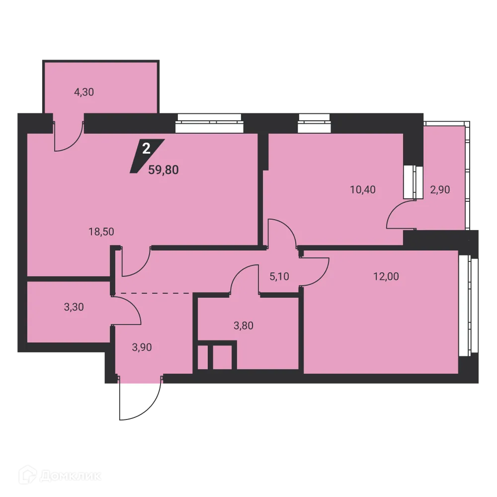 Планировка 2-комнатной квартиры 59.8 м² в ЖК Квартал К3, г. Екатеринбург — фото 2