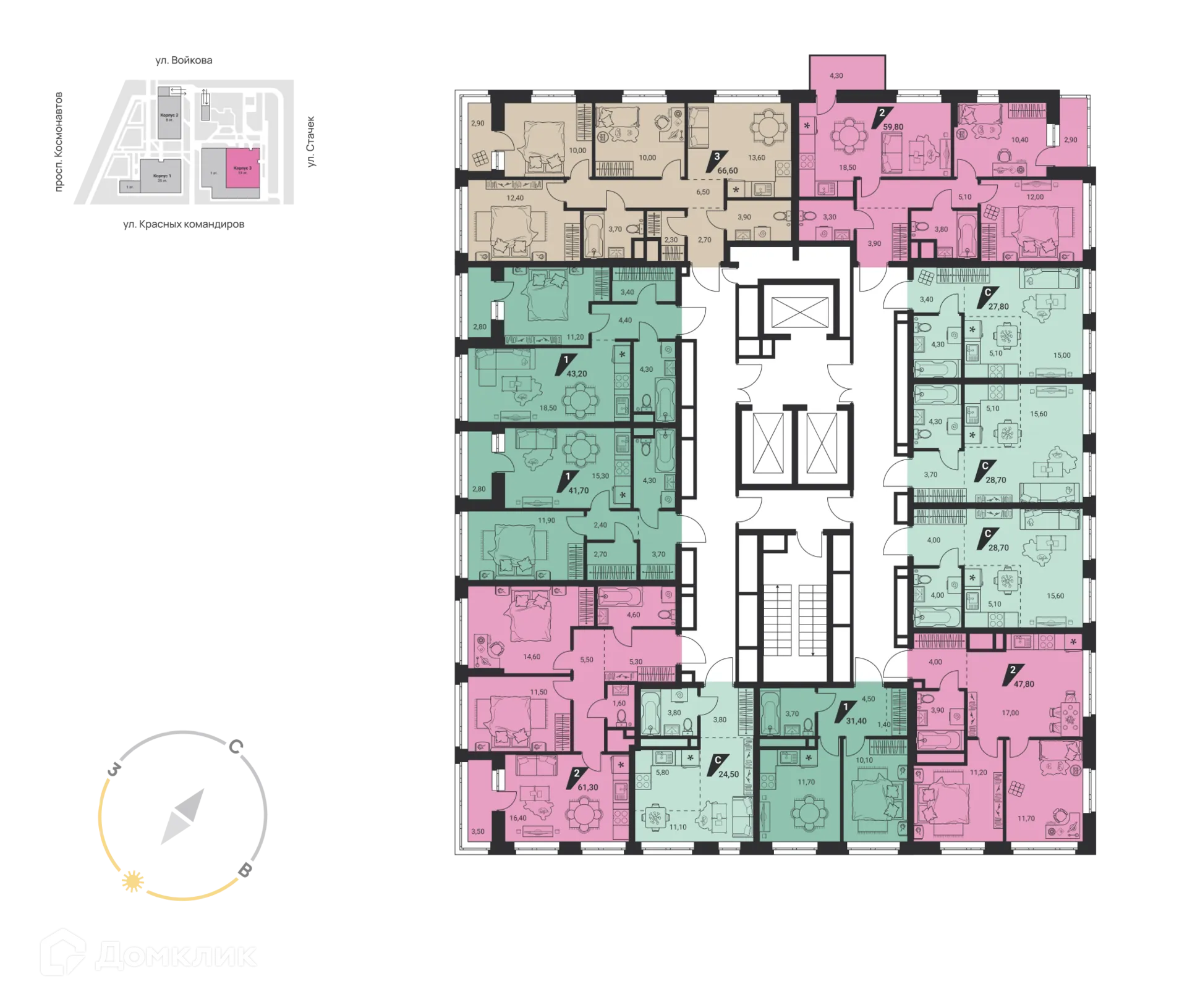 Планировка 2-комнатной квартиры 59.8 м² в ЖК Квартал К3, г. Екатеринбург — фото 3