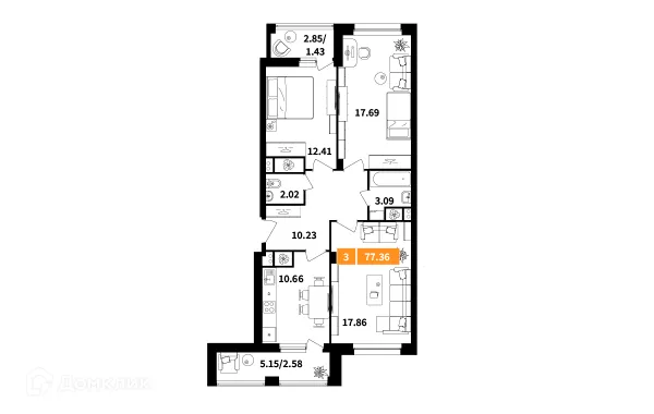 Планировка 3 комн. в ЖК Планерный квартал