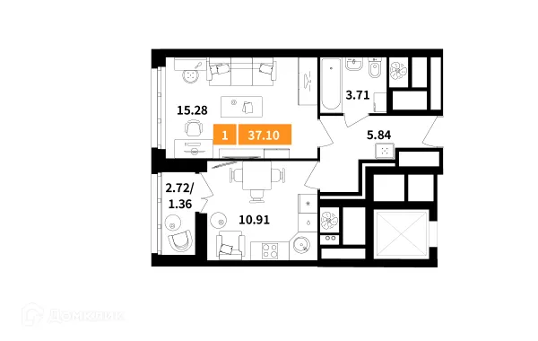 Планировка 1 комн. в ЖК Планерный квартал