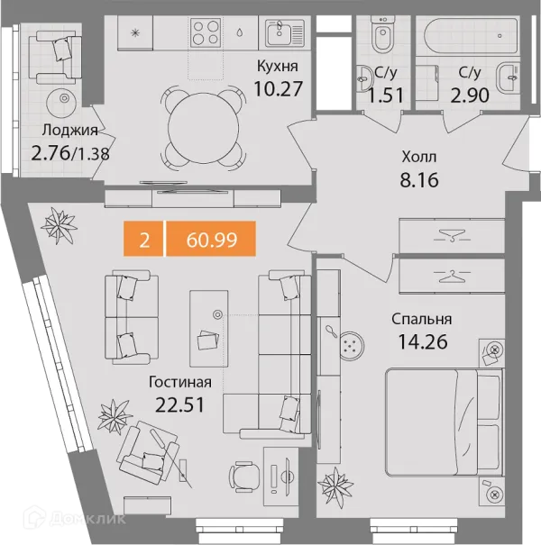 Планировка 2 комн. в ЖК Планерный квартал