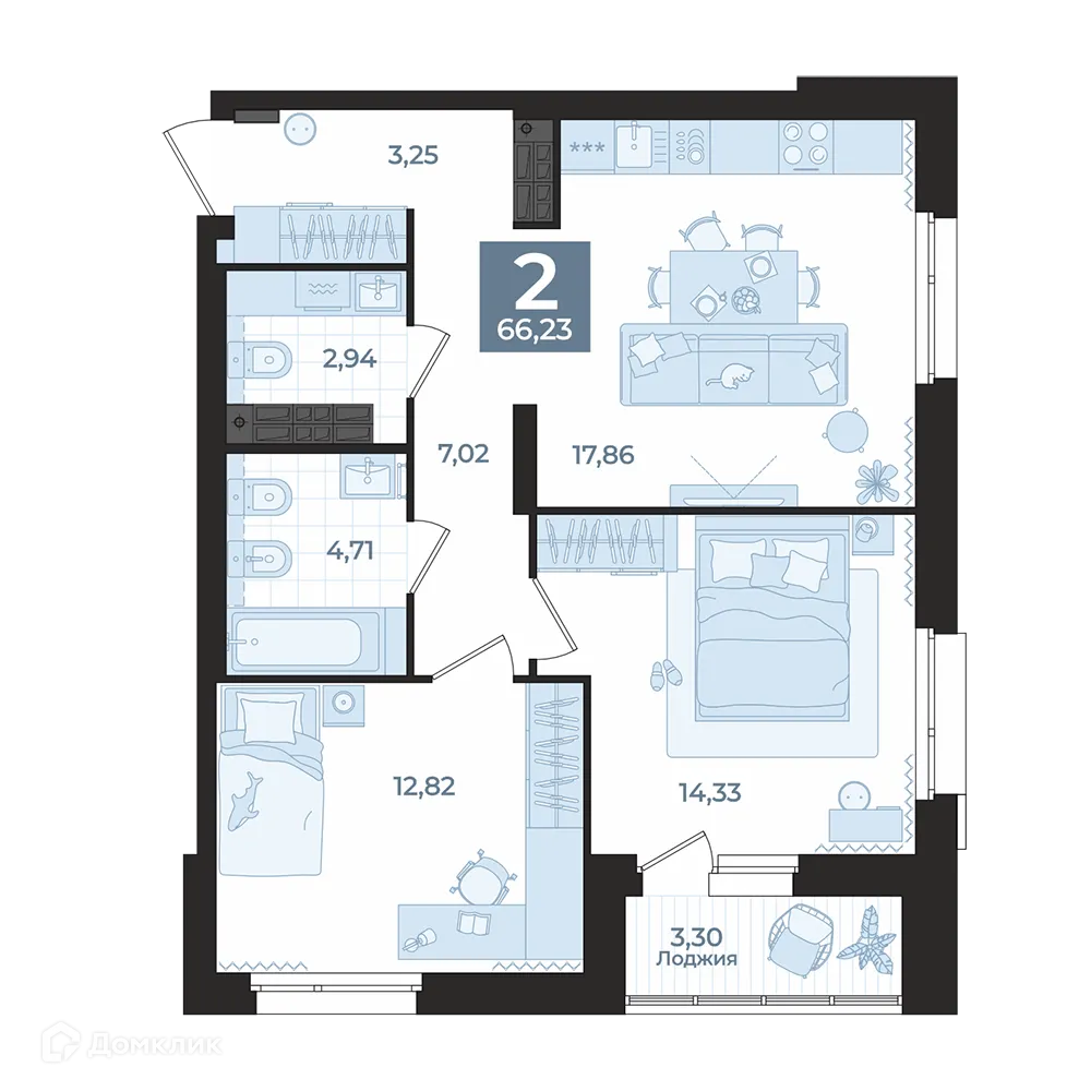Планировка 2-комнатной квартиры 66.23 м² в ЖК Викулов, г. Екатеринбург — фото 1