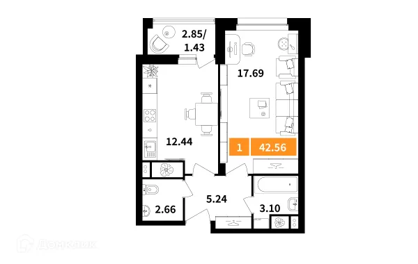 Планировка 1 комн. в ЖК Планерный квартал